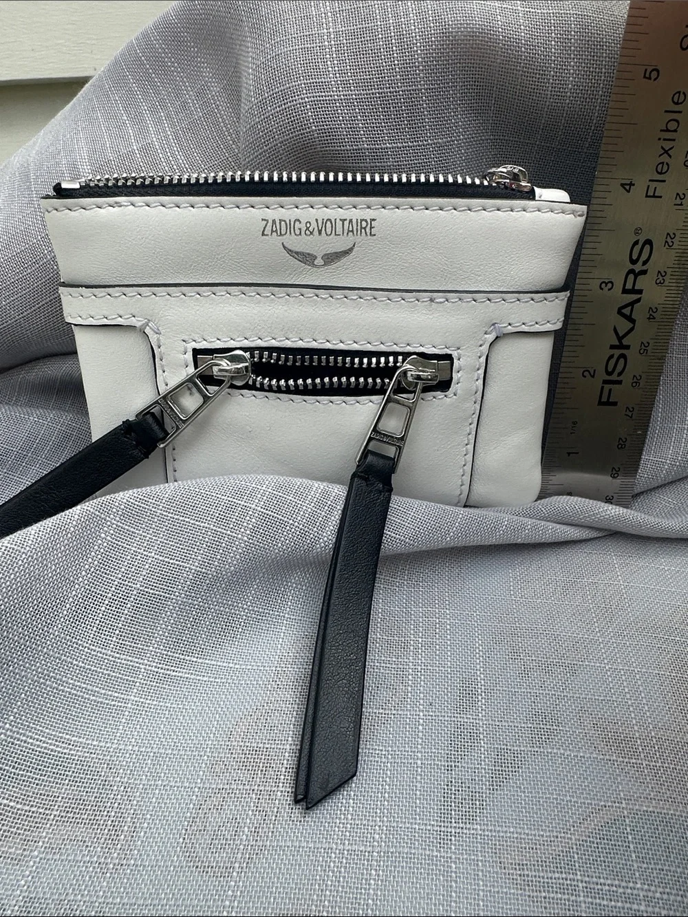 Zadig & Voltaire White Leather Mini Zip Card Case with Black Trim